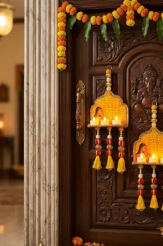 handmade temple diya jharokha hanging toran with beads tassels and bells for home decoration (pack of 2)