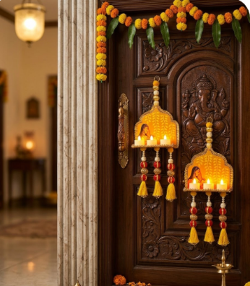 handmade temple diya jharokha hanging toran with beads tassels and bells for home decoration (pack of 2)