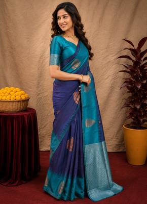 Blue rama art silk blend banarasi jacuard work saree with unstitched blouse piece 2