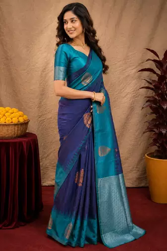 Blue rama art silk blend banarasi jacuard work saree with unstitched blouse piece