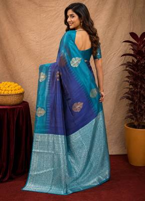 Blue rama art silk blend banarasi jacuard work saree with unstitched blouse piece 3
