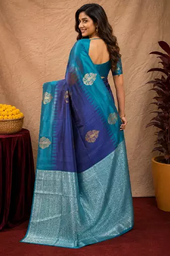 Blue rama art silk blend banarasi jacuard work saree with unstitched blouse piece