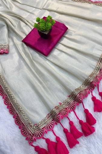 Chikoo multicolor sequece embroidery work moss chiffon saree with blouse