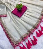 Chikoo multicolor sequece embroidery work moss chiffon saree with blouse