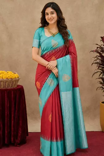 Rama red art silk blend banarasi jacuard work saree with unstitched blouse piece