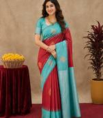 Rama red art silk blend banarasi jacuard work saree with unstitched blouse piece