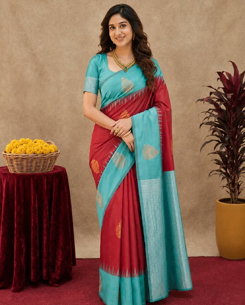Rama red art silk blend banarasi jacuard work saree with unstitched blouse piece