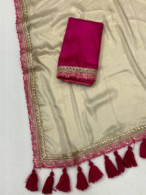 Chikoo multicolor sequece embroidery work moss chiffon saree with blouse 3