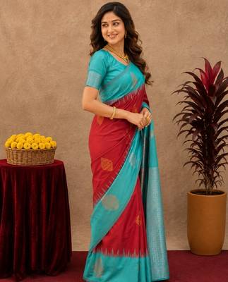 Rama red art silk blend banarasi jacuard work saree with unstitched blouse piece 2