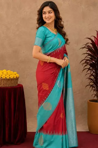 Rama red art silk blend banarasi jacuard work saree with unstitched blouse piece