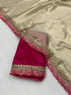 Chikoo multicolor sequece embroidery work moss chiffon saree with blouse 4