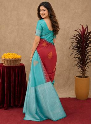 Rama red art silk blend banarasi jacuard work saree with unstitched blouse piece 3