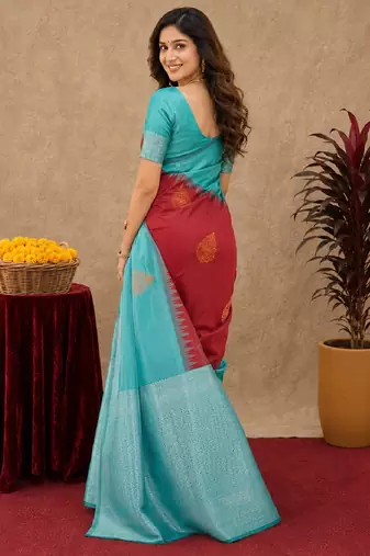 Rama red art silk blend banarasi jacuard work saree with unstitched blouse piece