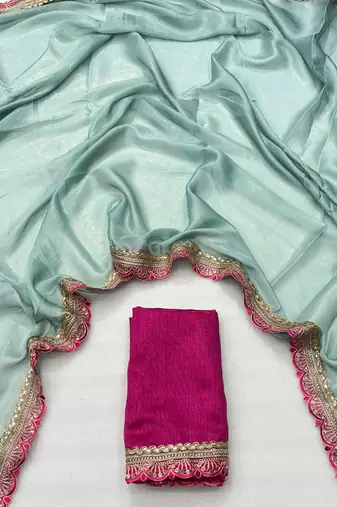 Firozi multicolor sequece embroidery work moss chiffon saree with blouse