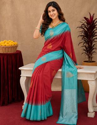 Rama red art silk blend banarasi jacuard work saree with unstitched blouse piece 4