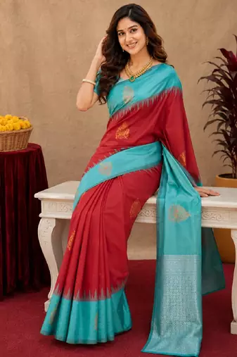 Rama red art silk blend banarasi jacuard work saree with unstitched blouse piece