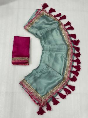 Firozi multicolor sequece embroidery work moss chiffon saree with blouse 2