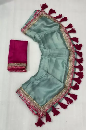 Firozi multicolor sequece embroidery work moss chiffon saree with blouse