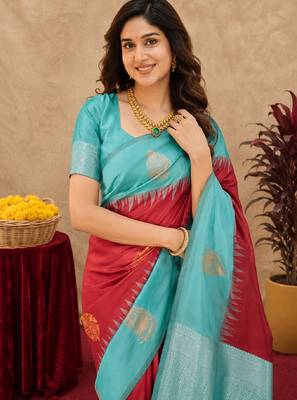 Rama red art silk blend banarasi jacuard work saree with unstitched blouse piece 5