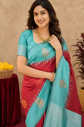 Rama red art silk blend banarasi jacuard work saree with unstitched blouse piece