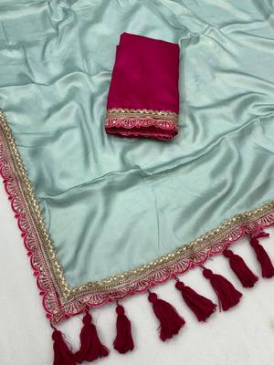 Firozi multicolor sequece embroidery work moss chiffon saree with blouse 3