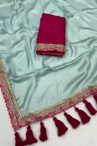 Firozi multicolor sequece embroidery work moss chiffon saree with blouse
