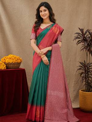 Red green art silk blend banarasi jacuard work saree with unstitched blouse piece 1