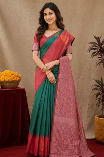 Red green art silk blend banarasi jacuard work saree with unstitched blouse piece