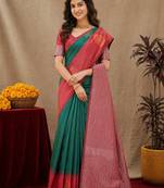 Red green art silk blend banarasi jacuard work saree with unstitched blouse piece
