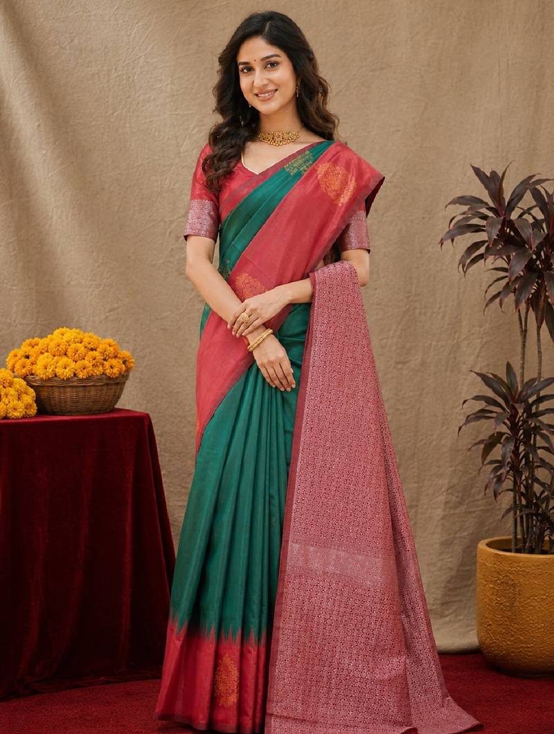 Red green art silk blend banarasi jacuard work saree with unstitched blouse piece