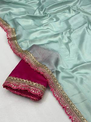 Firozi multicolor sequece embroidery work moss chiffon saree with blouse 4