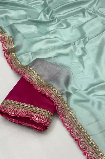 Firozi multicolor sequece embroidery work moss chiffon saree with blouse