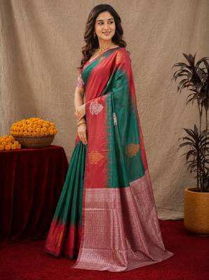 Red green art silk blend banarasi jacuard work saree with unstitched blouse piece 2