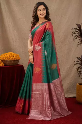 Red green art silk blend banarasi jacuard work saree with unstitched blouse piece