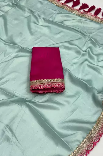 Firozi multicolor sequece embroidery work moss chiffon saree with blouse