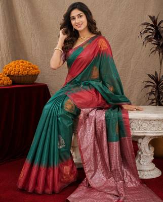 Red green art silk blend banarasi jacuard work saree with unstitched blouse piece 4