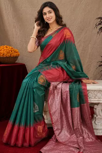 Red green art silk blend banarasi jacuard work saree with unstitched blouse piece