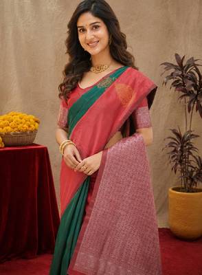 Red green art silk blend banarasi jacuard work saree with unstitched blouse piece 5