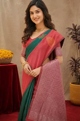 Red green art silk blend banarasi jacuard work saree with unstitched blouse piece