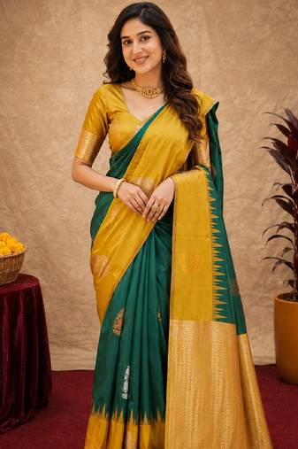 Yellow green art silk blend banarasi jacuard work saree with unstitched blouse piece