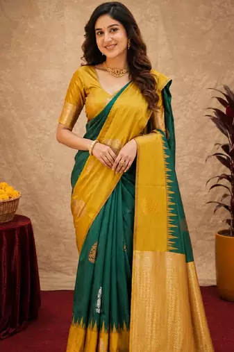 Yellow green art silk blend banarasi jacuard work saree with unstitched blouse piece