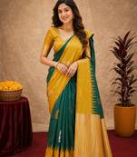 Yellow green art silk blend banarasi jacuard work saree with unstitched blouse piece