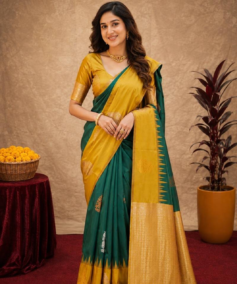 Yellow green art silk blend banarasi jacuard work saree with unstitched blouse piece