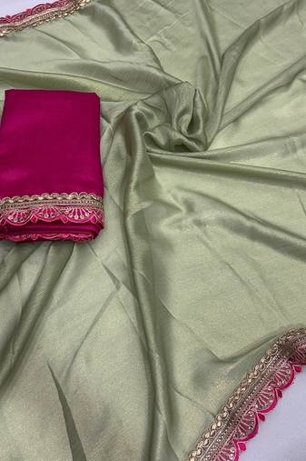 Pista multicolor sequece embroidery work moss chiffon saree with blouse