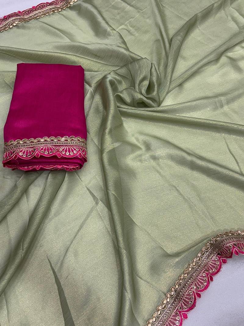 Pista multicolor sequece embroidery work moss chiffon saree with blouse