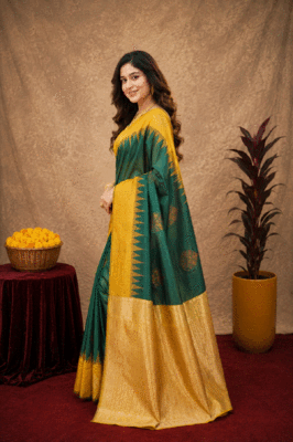 Yellow green art silk blend banarasi jacuard work saree with unstitched blouse piece 2