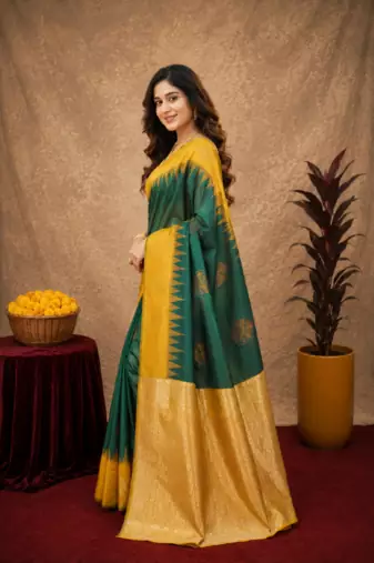 Yellow green art silk blend banarasi jacuard work saree with unstitched blouse piece