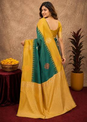 Yellow green art silk blend banarasi jacuard work saree with unstitched blouse piece 3