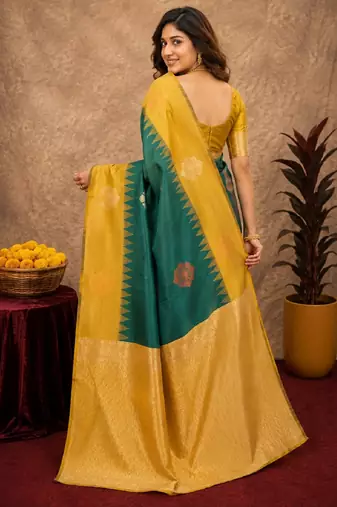 Yellow green art silk blend banarasi jacuard work saree with unstitched blouse piece