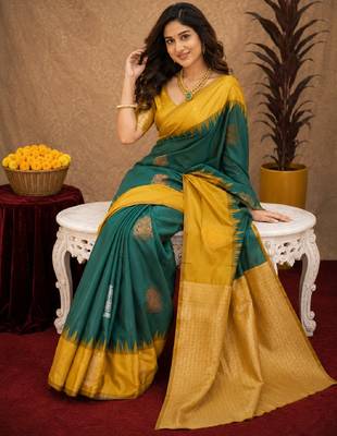 Yellow green art silk blend banarasi jacuard work saree with unstitched blouse piece 4